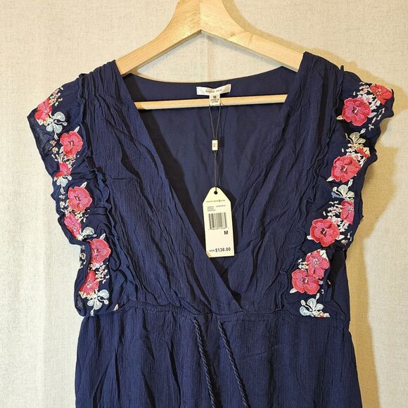 Sophie Max Navy Blue Midi Dress Red Floral Embroidery Tassels Womens Medium - Picture 3 of 10